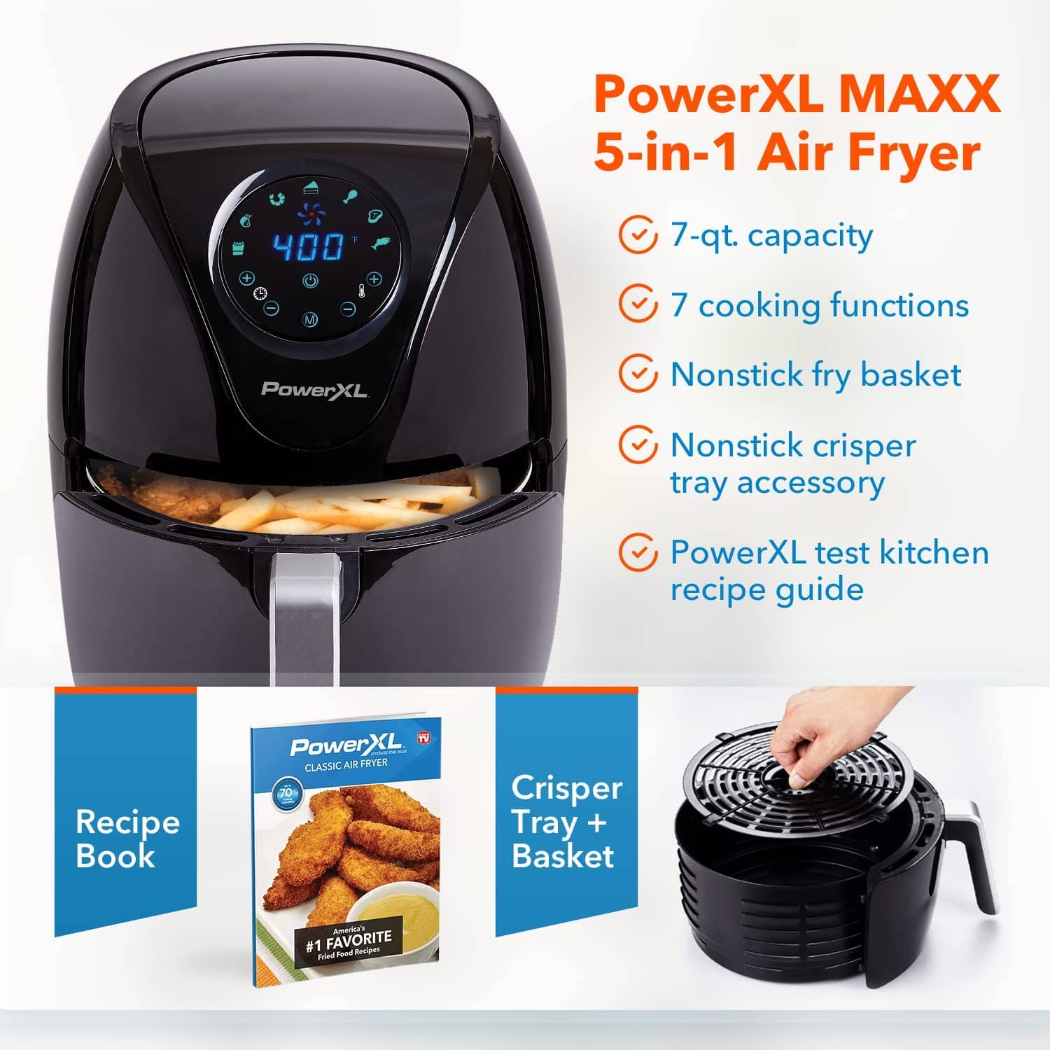 Bake 2 QT, Red Reheat Non Stick Coated Basket Cookbook PowerXL Air Fryer Vortex Multi Cooker with Roast 